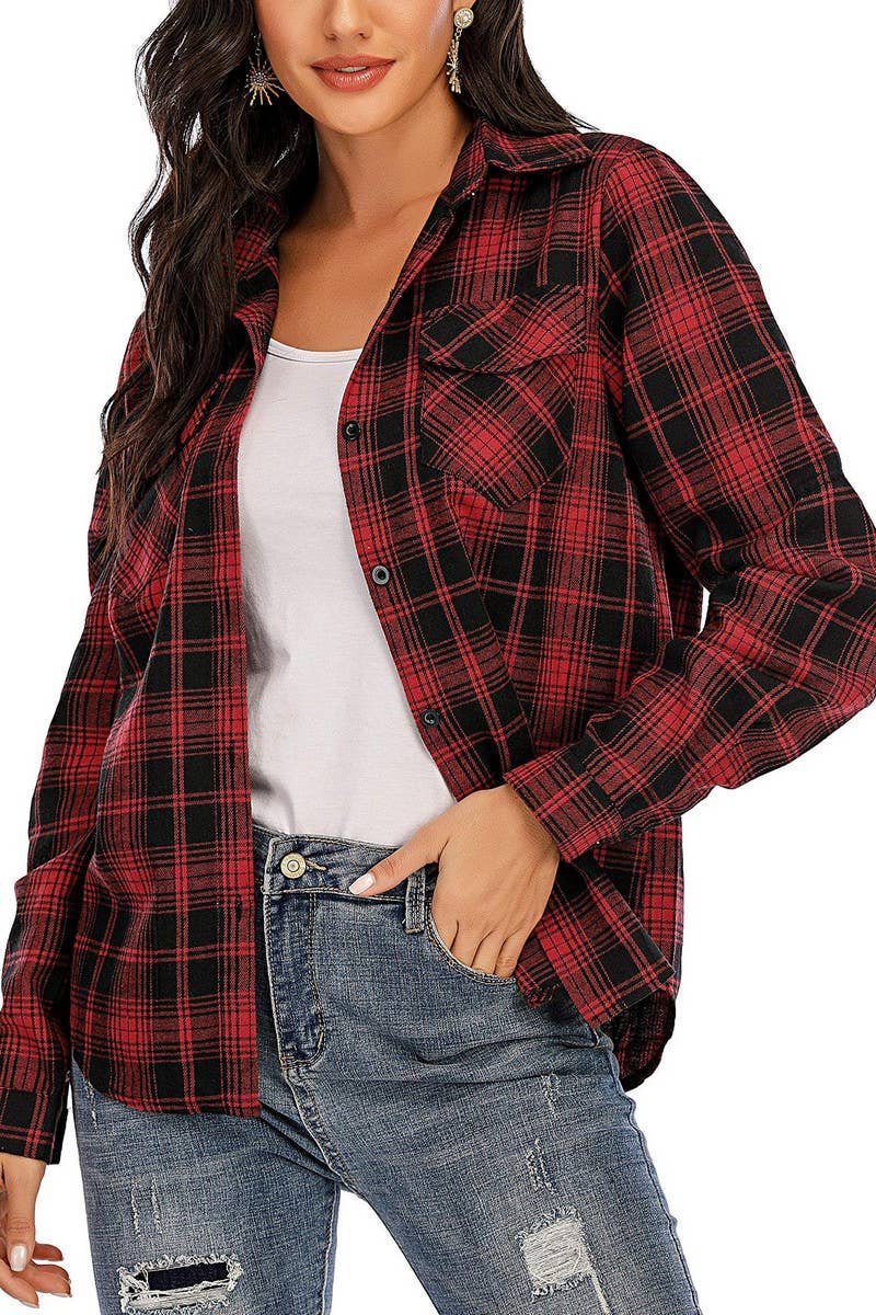 CWTBLL3628_NEW WOMEN'S SUEDE BUTTON-DOWN PLAID SHIRT