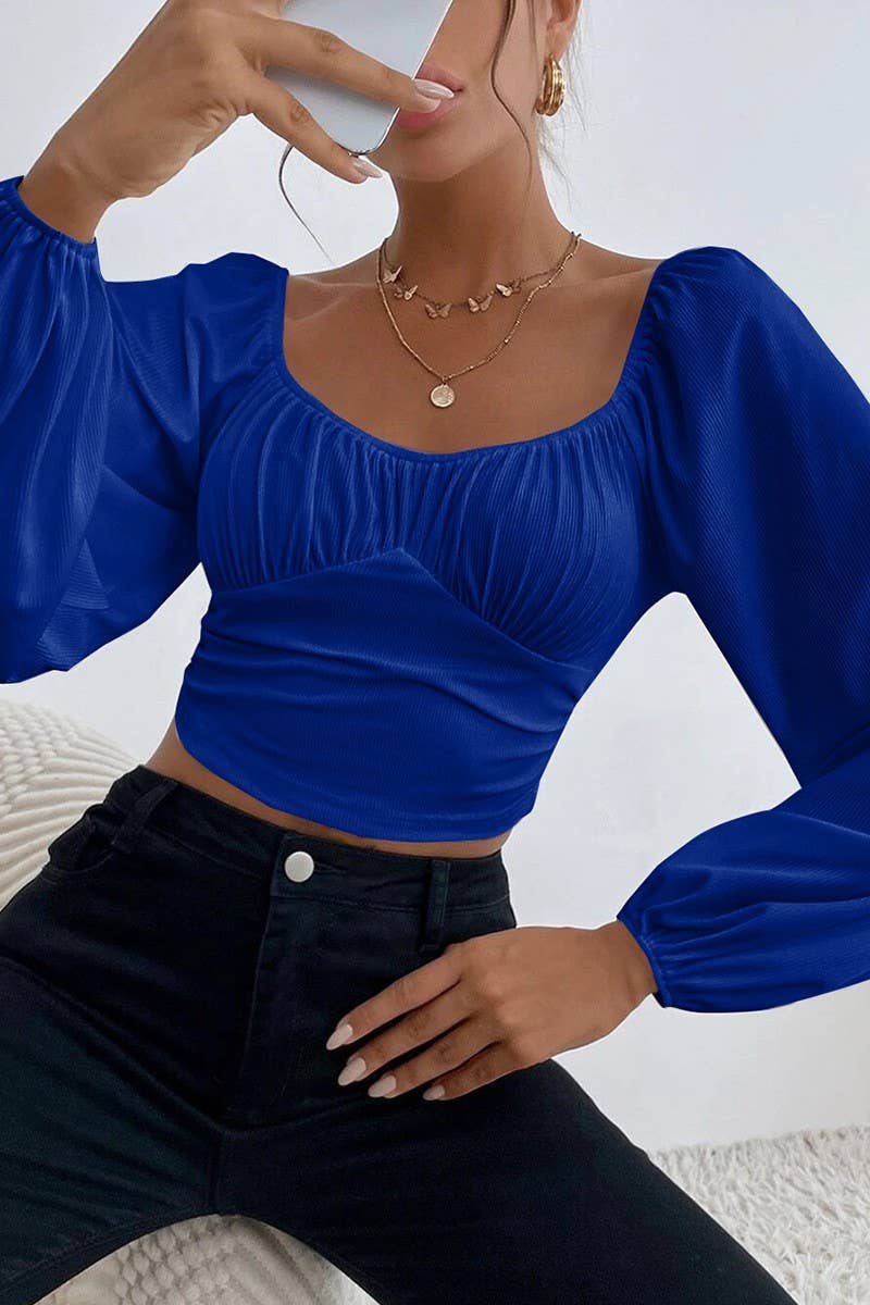 CWTBLL2226_SQUARE NECK LANTERN SLEEVES SHORT SOLID COLOR TOP