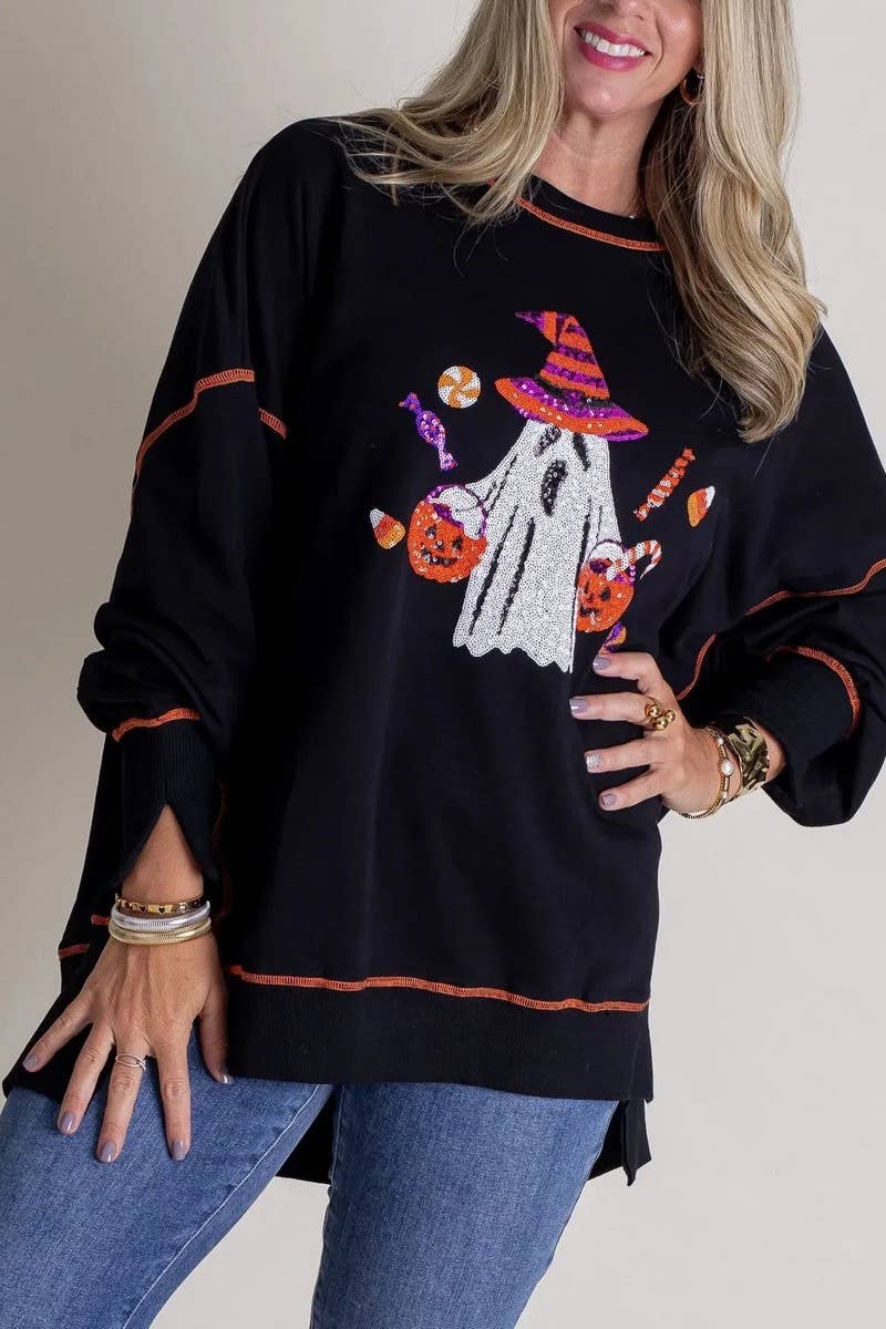 CWTBLL01276_HALLOWEEN GHOST SEQUIN EMBROIDERED SWEATSHIRT