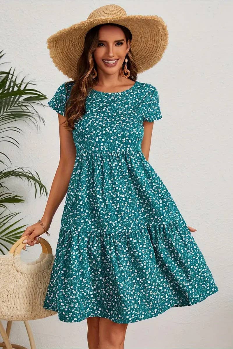 CWDMD6116_PRINTED ROUND NECK SHORT SLEEVE DRESS