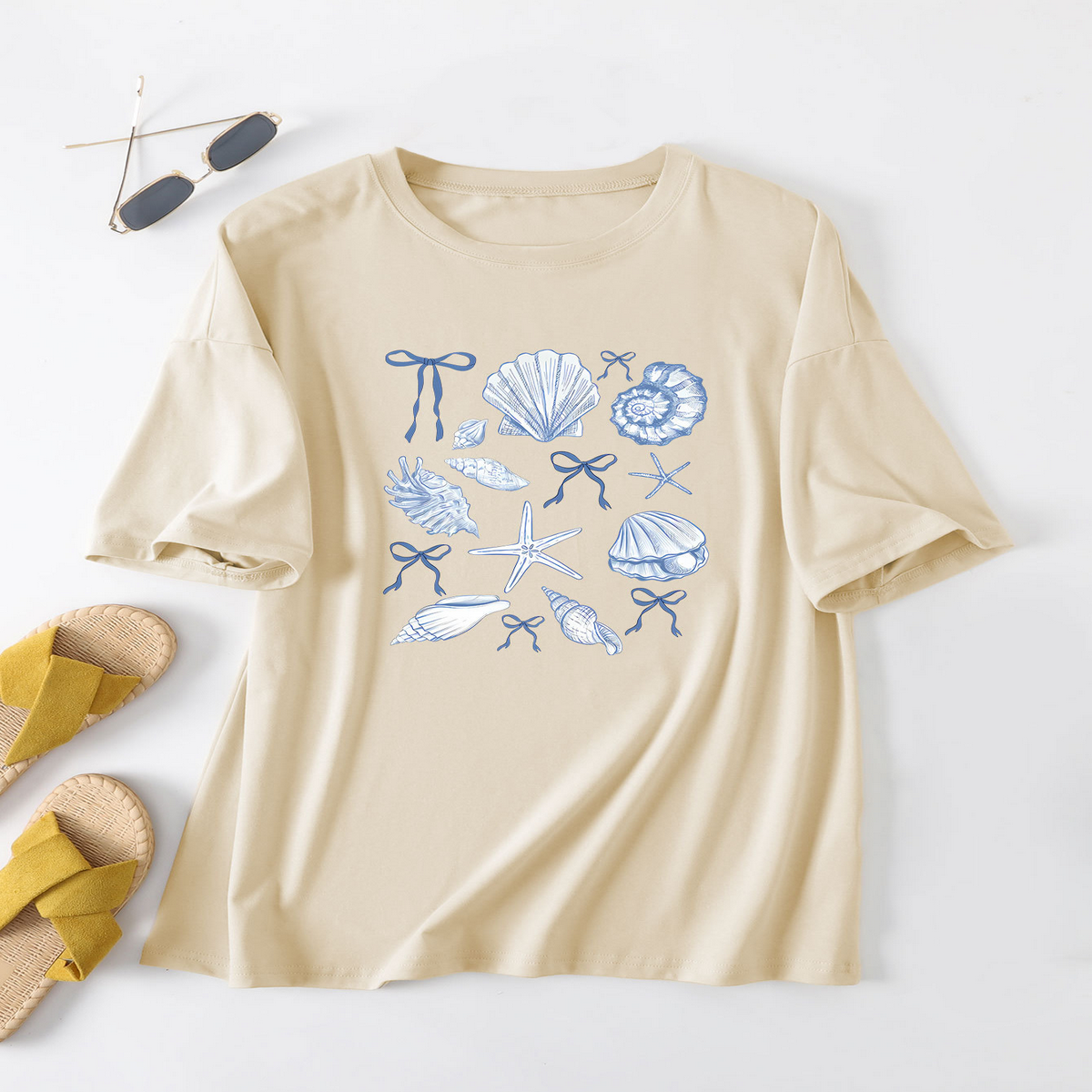 Cute Bow Print T-Shirt for Women, Shell Neckline