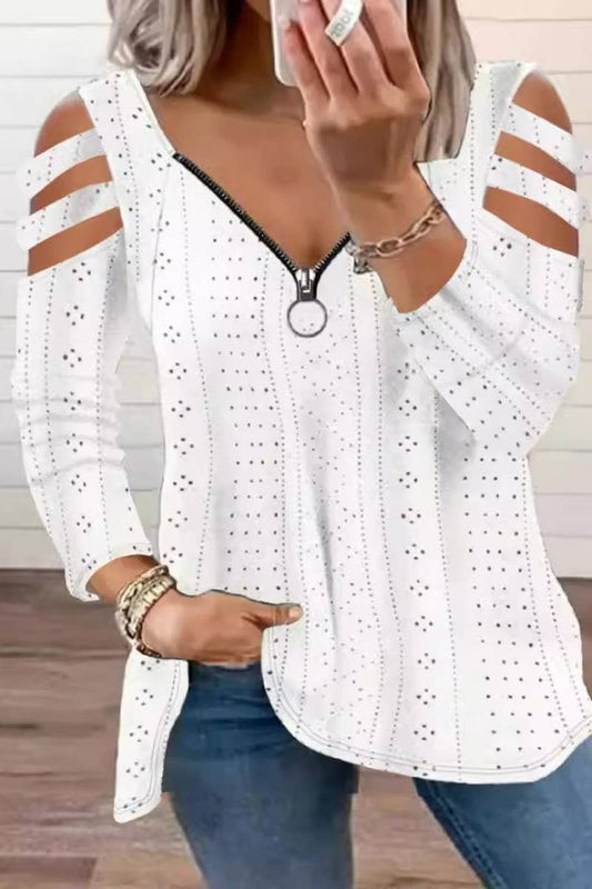 CWTBLL2868_V-NECK ZIPPER LOOSE SOLID COLOR LONG-SLEEVED TOP