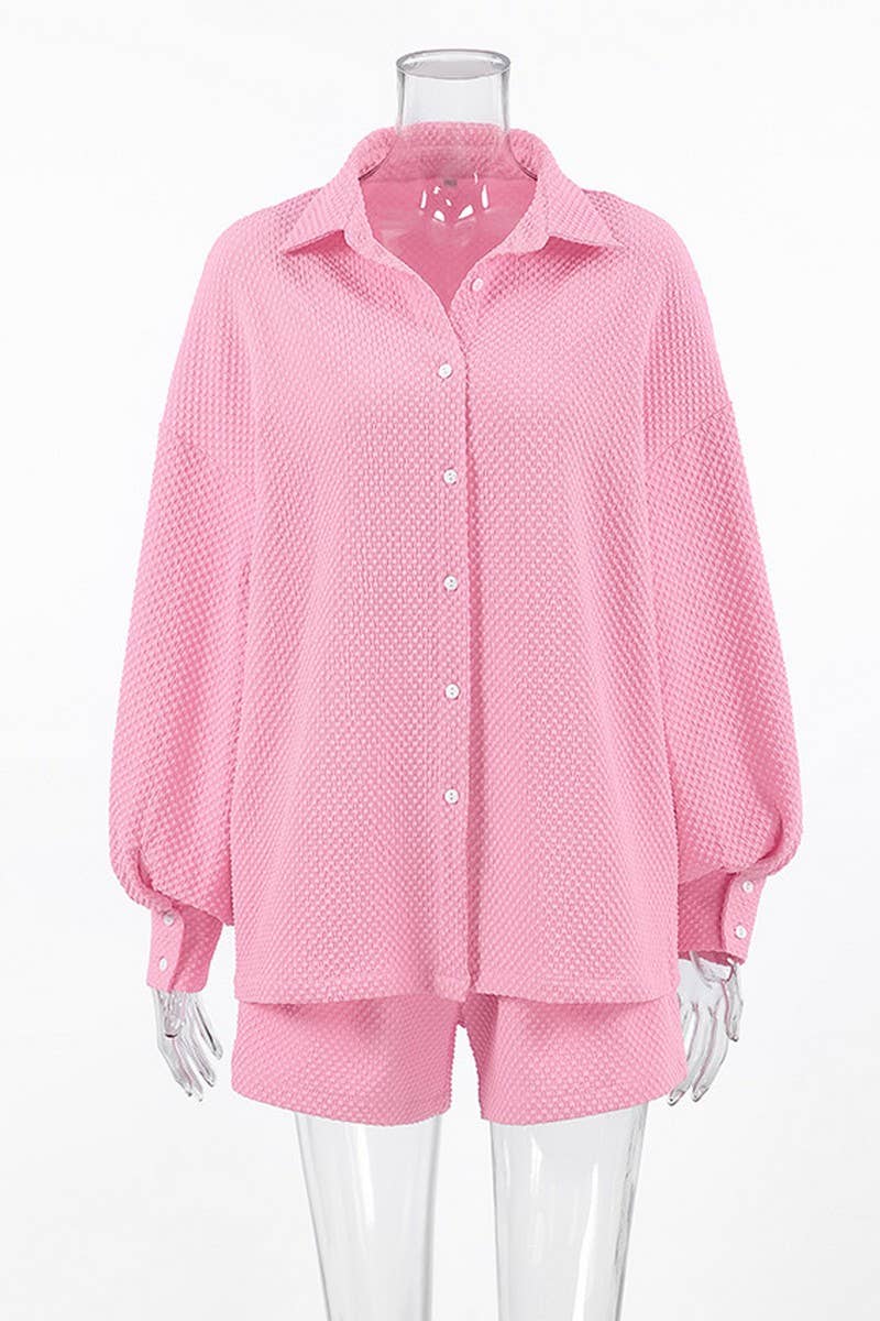 CWSPJ00528_PINK PAJAMA SET WOMEN SOFT LONG SLEEVE WITH SHORT