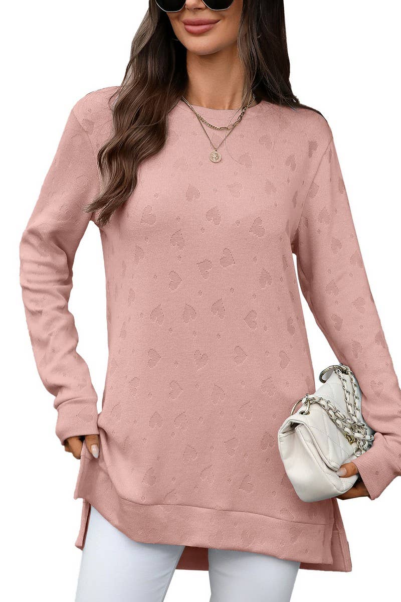 CWTBLL01288_ROUND NECK LONG SLEEVE SLIT SOLID COLOR TOP