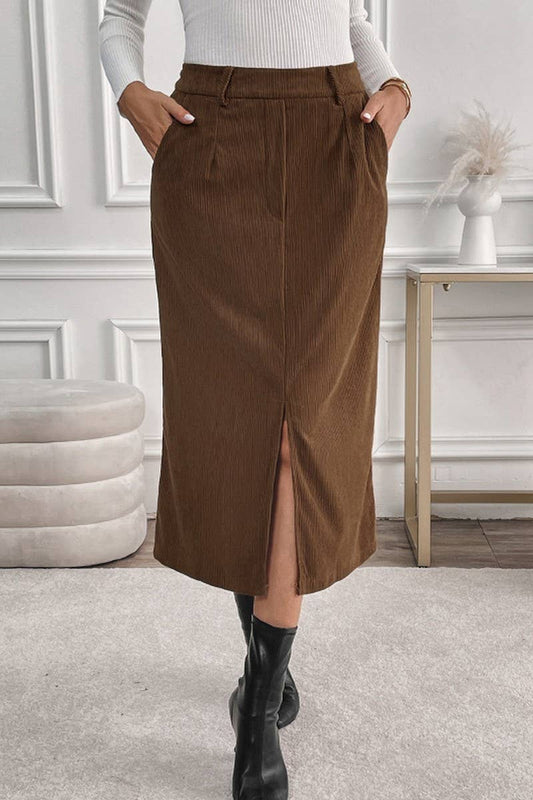 CWBMS0195_SOLID COLOR VINTAGE CORDUROY SLIT SKIRT