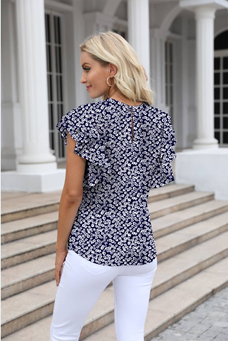 CREW-NECK PRINTED RUFFLED SHORT-SLEEVED T-SHIRT