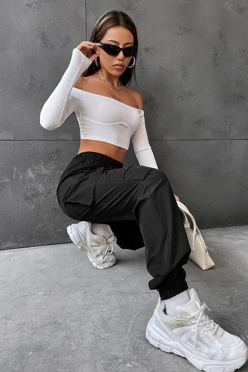 CWBLP2077_ELASTIC WAIST DRAWSTRING STRAIGHT JOGGER PANTS