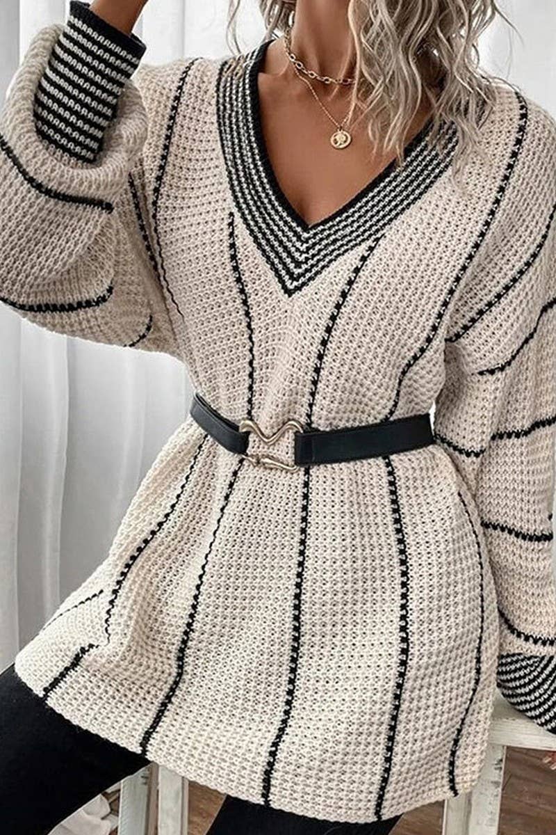 CWOSWL6821_NEW VERTICAL STRIPE CASUAL LOOSE SWEATER