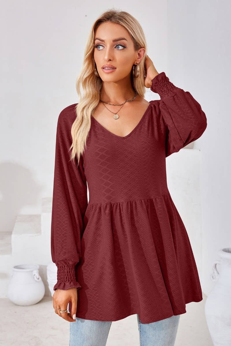 CWTBLL2817_SOLID COLOR PATCHWORK LONG-SLEEVED TUNIC