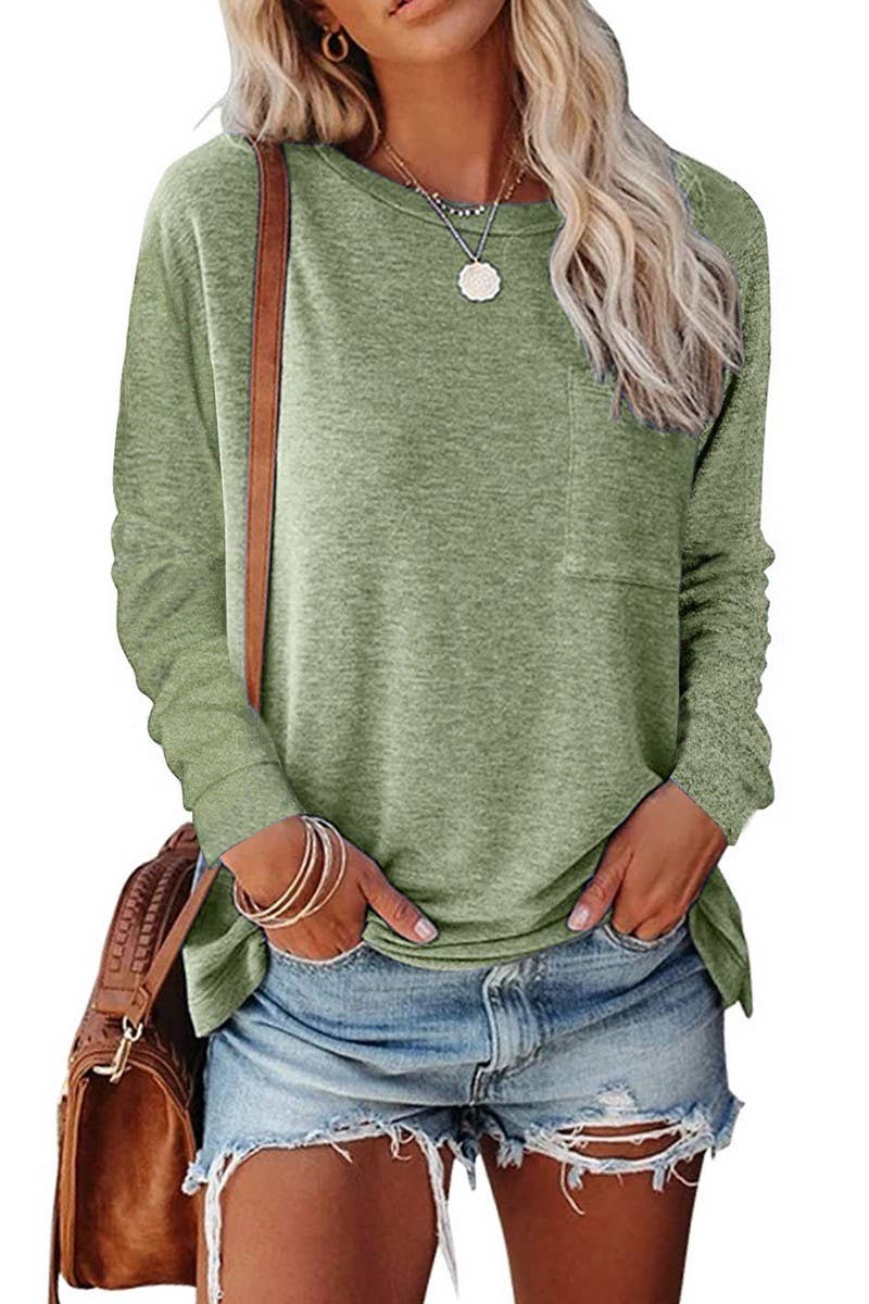 CWTBLL3692_ROUND NECK LONG SLEEVE CASUAL LOOSE BOTTOMING TOP