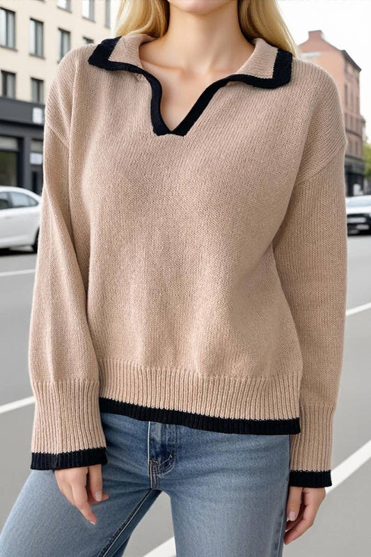 CWTTT00018_WOMEN COLOR BLOCK POLO COLLAR KNIT PULLOVER