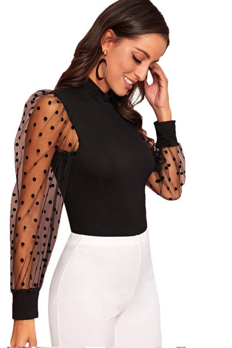 CWTTL1976_LACE LOOSE TRANSPARENT POLKA DOT LONG SLEEVE TOP