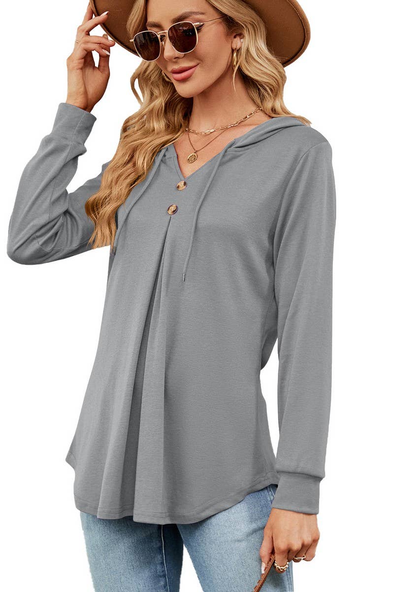 CWOHOL0932_SOLID COLOR V-NECK BUTTON HOODED LOOSE SWEATSHIRT