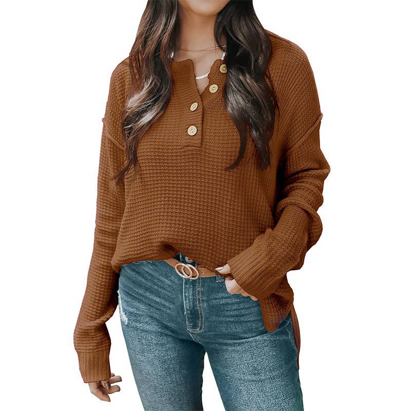 BUTTON-DOWN V-NECK LONG-SLEEVED PULLOVER SWEATER