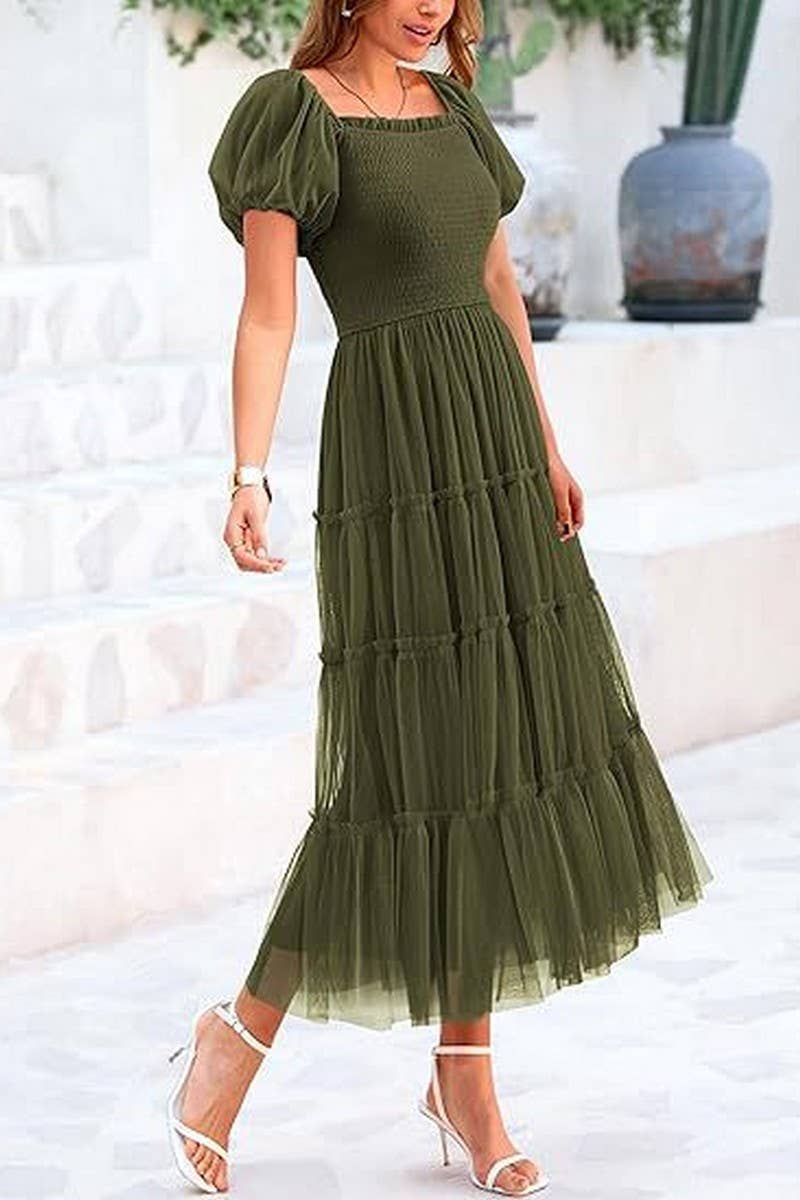 CWDMD6369_SQUARE NECK PLEATED MESH PANELED FLUFFY DRESS