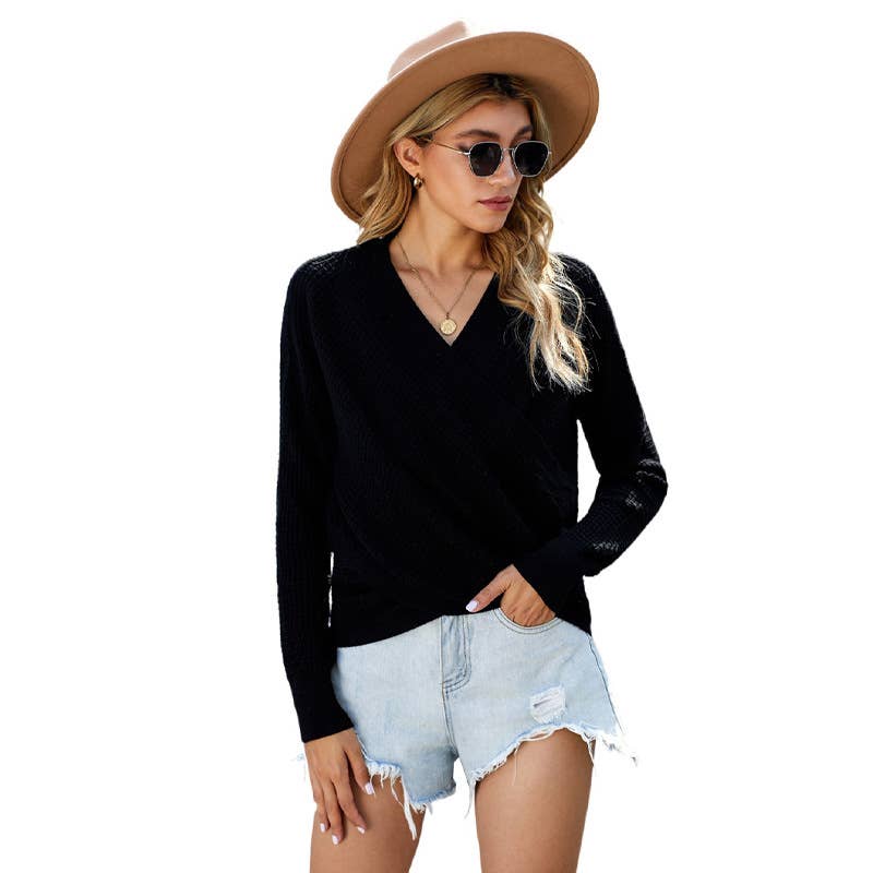 CROSSED V-NECK SOLID COLOR LONG-SLEEVED SWEATER