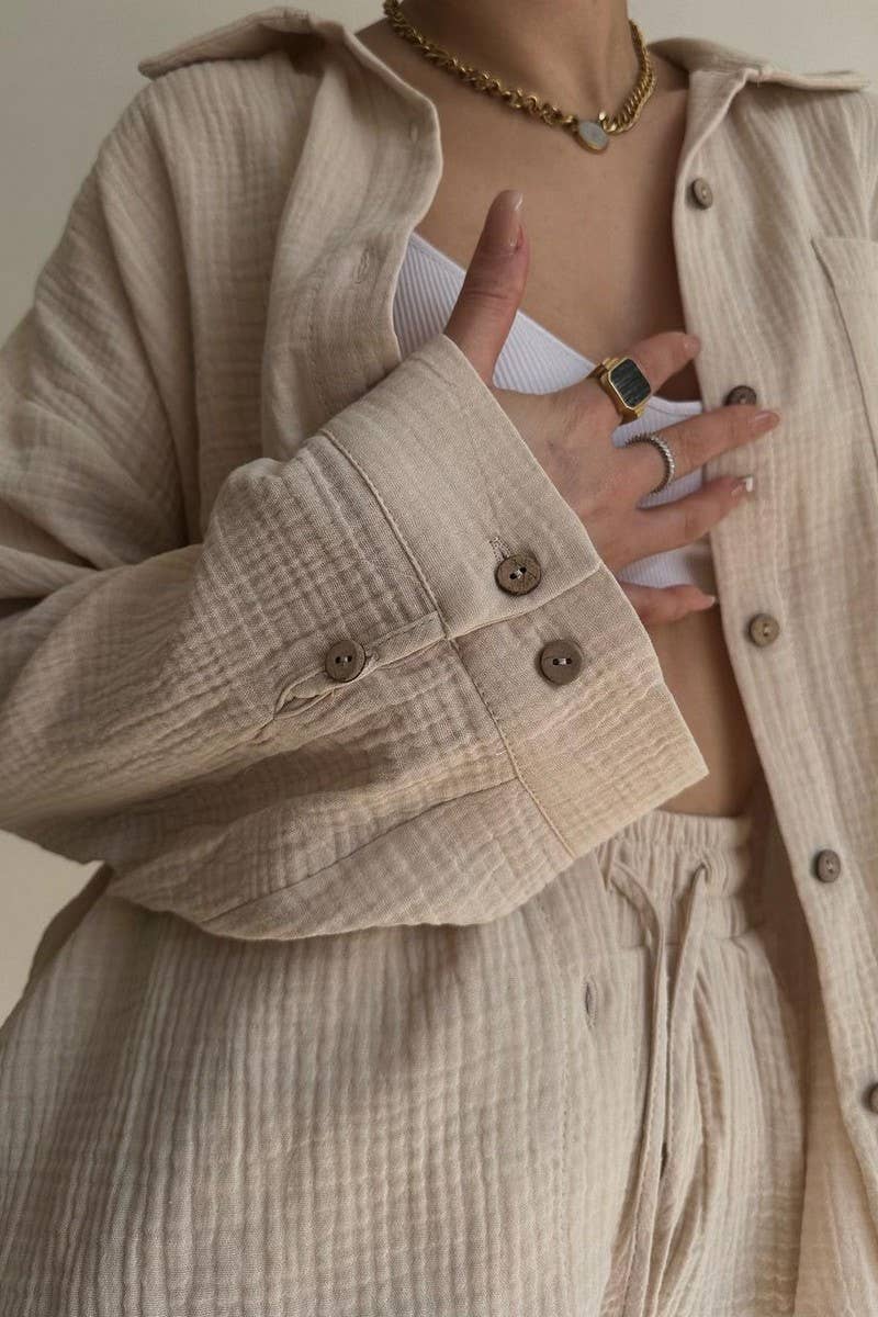 CWSTB1358_LAPEL SHIRT DRAWSTRING SHORTS TWO-PIECE SET