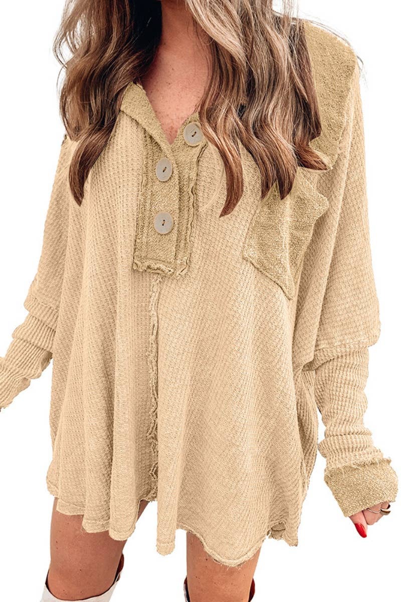 CWOSWL6707_WAFFLE BUTTON POCKET LONG SLEEVE BLOUSE
