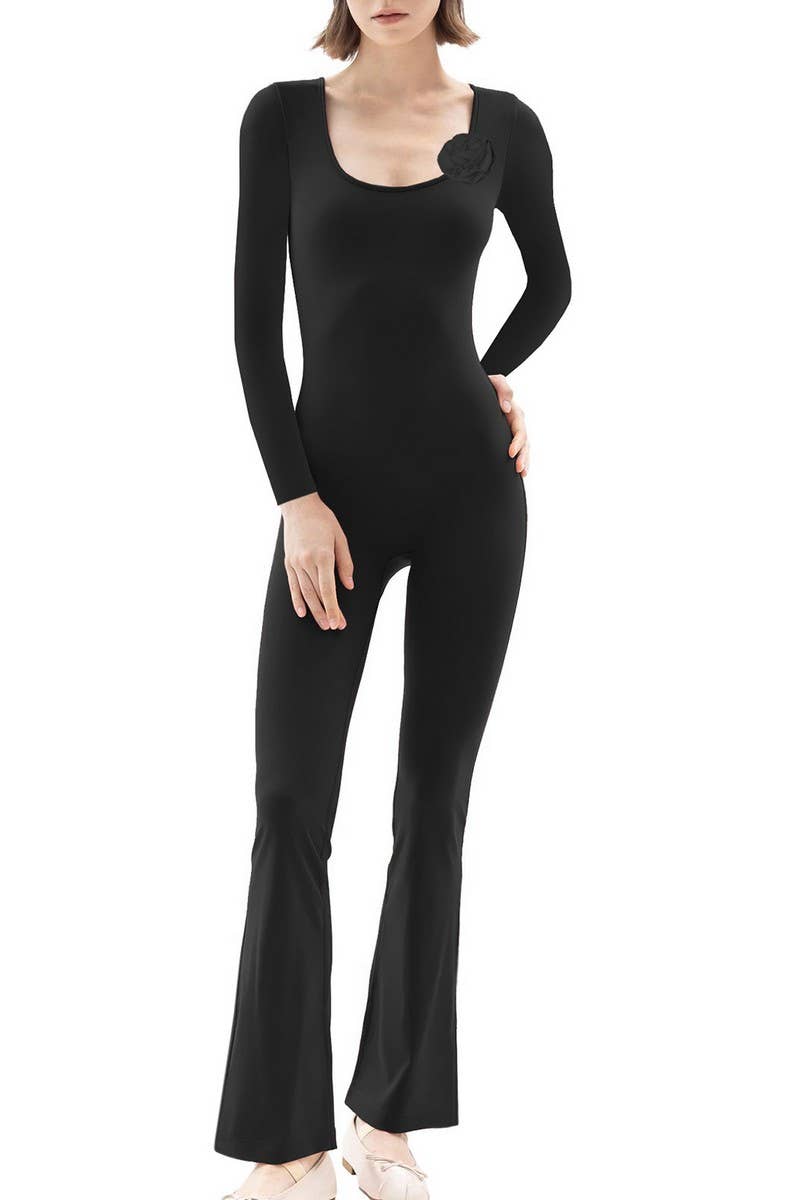 CWSJS1383_SQUARE NECK WIDE LEG HIGH ELASTIC JUMPSUIT