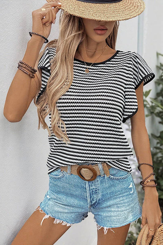 CWTBLS2145_BLACK AND WHITE STRIPED CREW NECK TEE TOP
