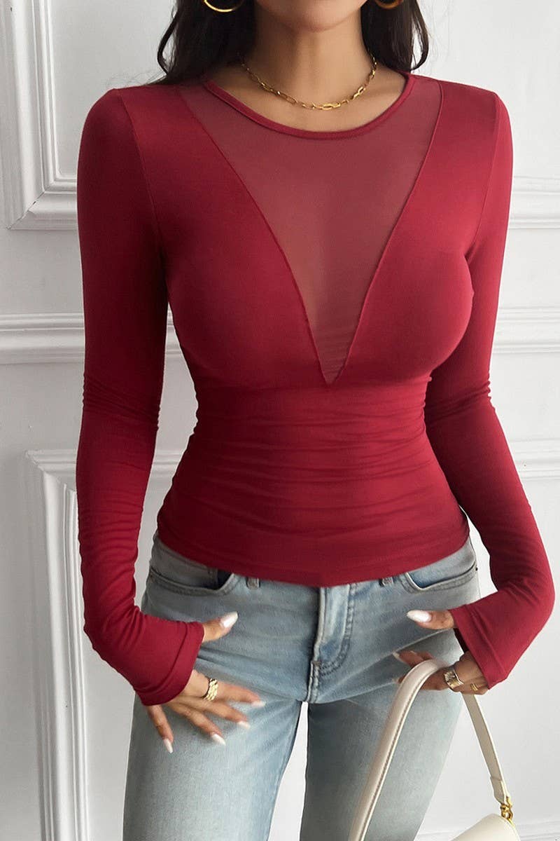 CWTTL1977_SEXY DEEP V STITCHING LONG SLEEVE T-SHIRT