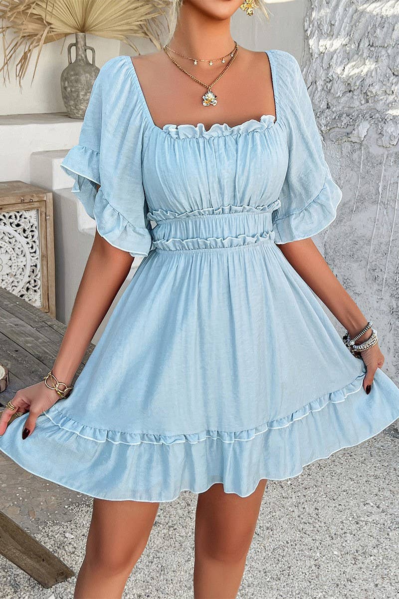 CWDSD7875_SUMMER SOLID COLOR RUFFLED SHORT-SLEEVED DRESS