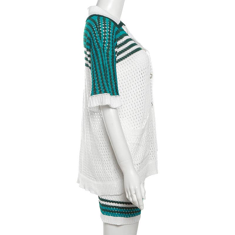 CUT-OUT LAPEL TOP AND SHORTS KNIT CASUAL SUIT