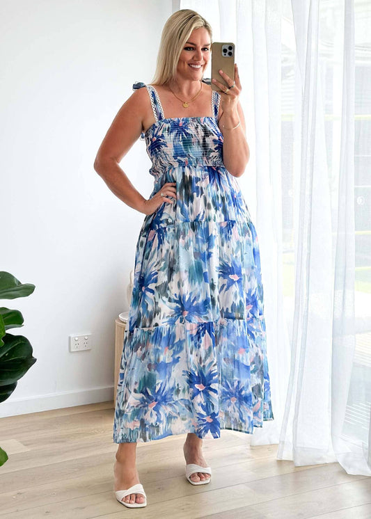 Floral print tie-back waist ruffled hem dress