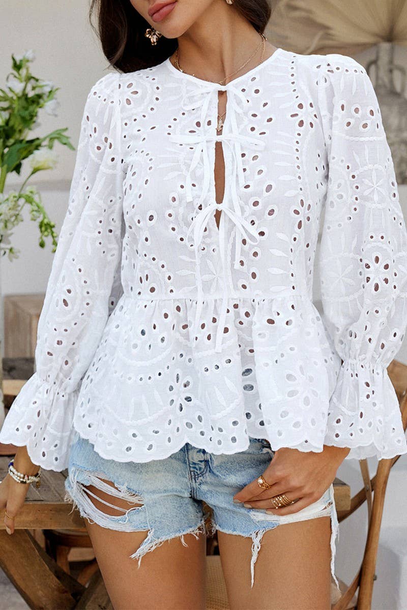 CWTBLL3595_LOOSE TIE SOLID COLOR HOLLOW TOP SHIRT