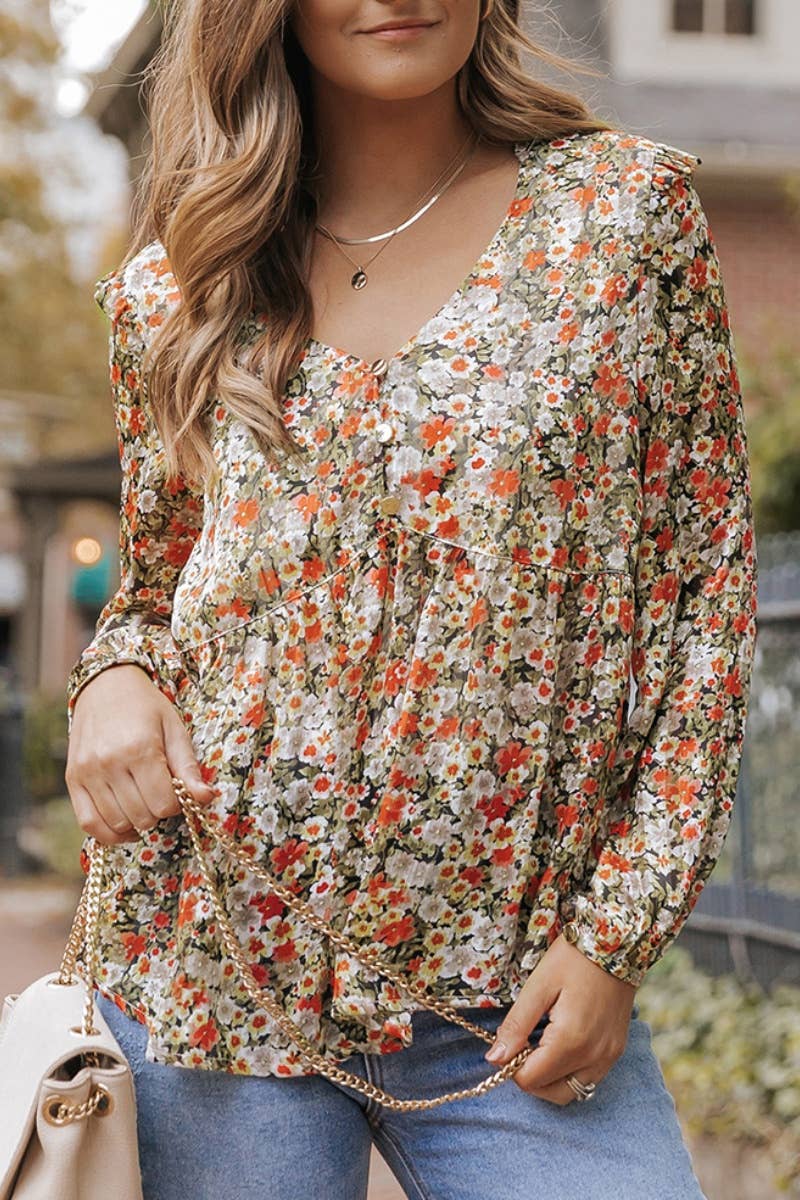 CWTBLL1149_BOHO V-NECK PULLOVER V-NECK LONG-SLEEVED TOP