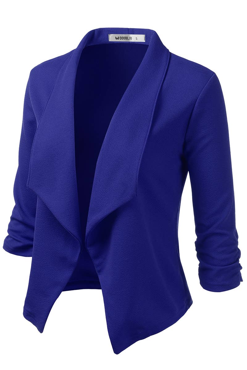 CWOBL091_Casual Work Ruched 3/4 Slv Open Front Blazer Jacket