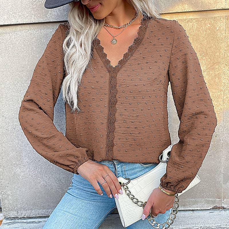 COMMUTER LONG SLEEVE LACE PATCHWORK V-NECK SHIRT