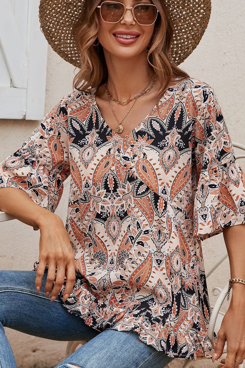 CWTBLS0347_V-Neck Short Sleeve Print Top