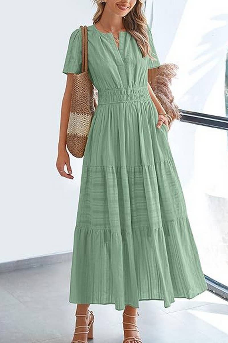 CWDMD6338_V-NECK PLEATED PUFF SLEEVES LONG-SLEEVED DRESS