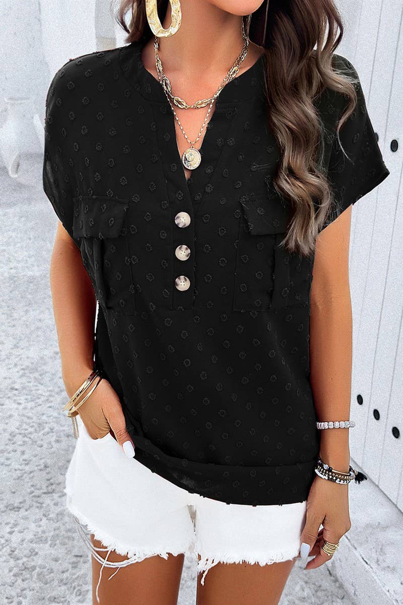 CWTBLS0387_V-Neck Button Detailed Short Sleeve Top