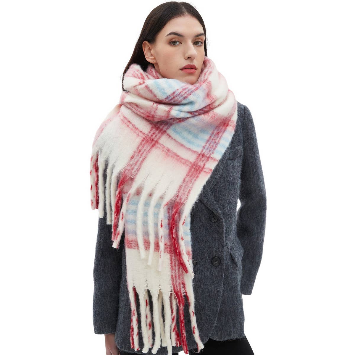 Chunky Circle Yarn Plaid Scarf - Thick Fall/Winter