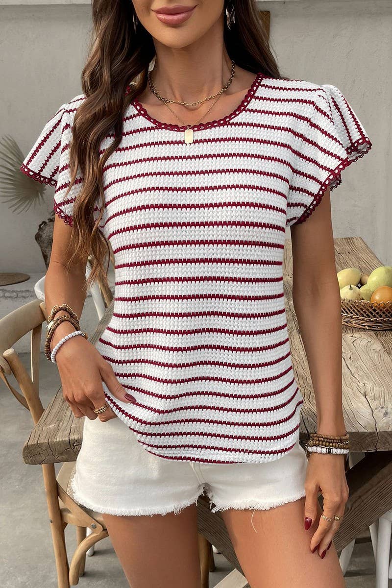 CWTTS1359_SUMMER LACE ROUND NECK STRIPED SHORT SLEEVE TOP
