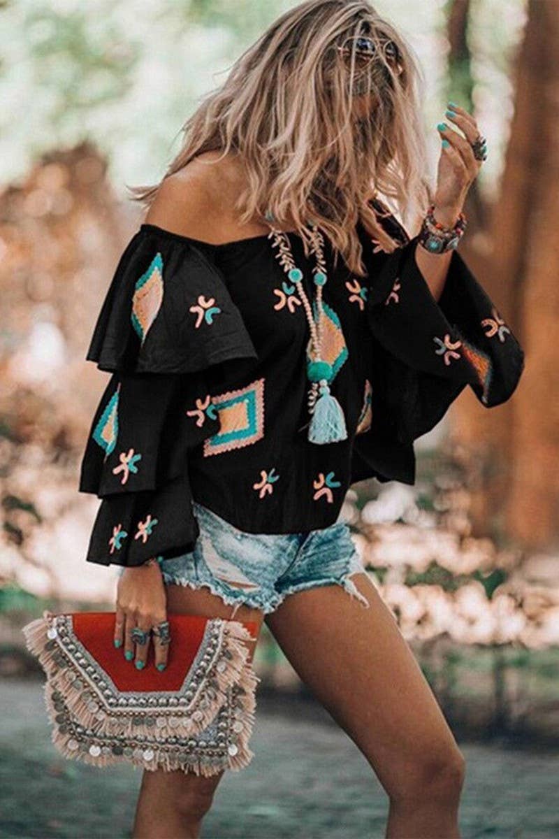 Boho print one-shoulder long-sleeved pullover top