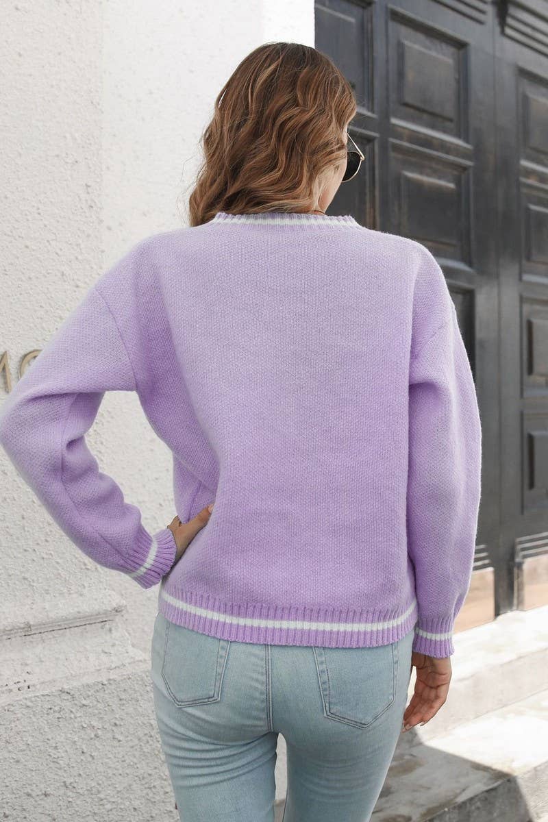 CWOSWL3896_SKULL JACQUARD V-NECK LONG SLEEVE KNITTED SWEATER