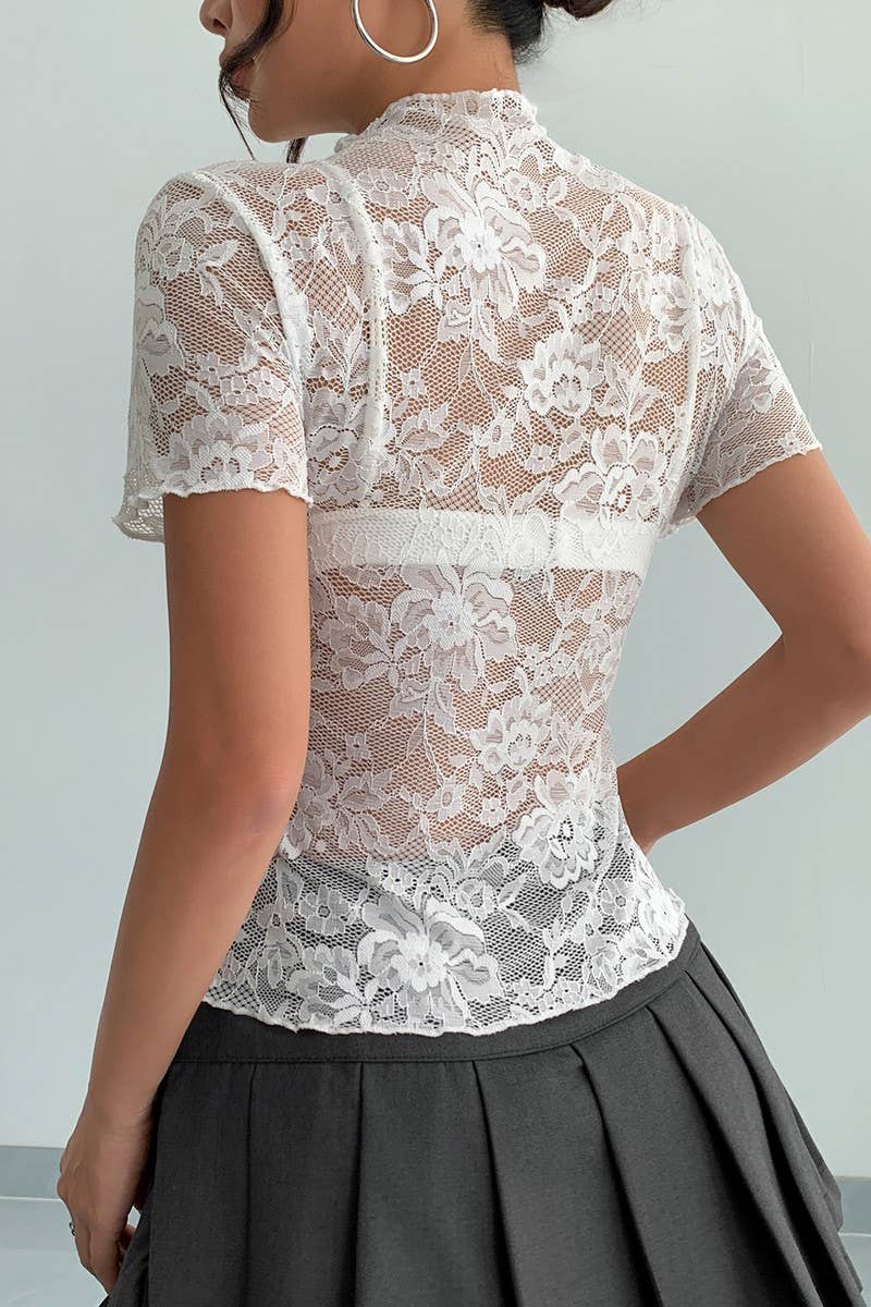 CWTBLS2103_SHEER LACE RUFFLE SLIM FIT MOCK NECK TOP