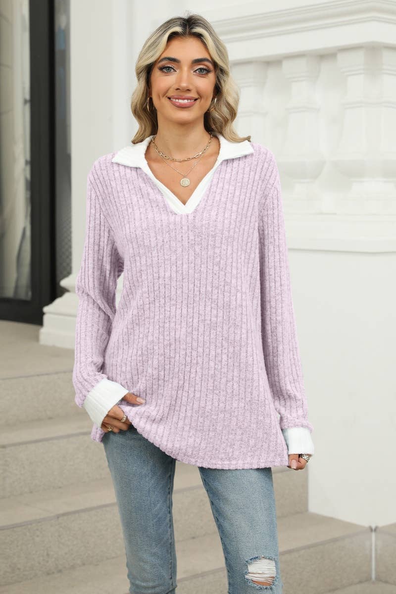 CWOSWL6610_WINTER V-NECK LONG-SLEEVED LAPEL SWEATER