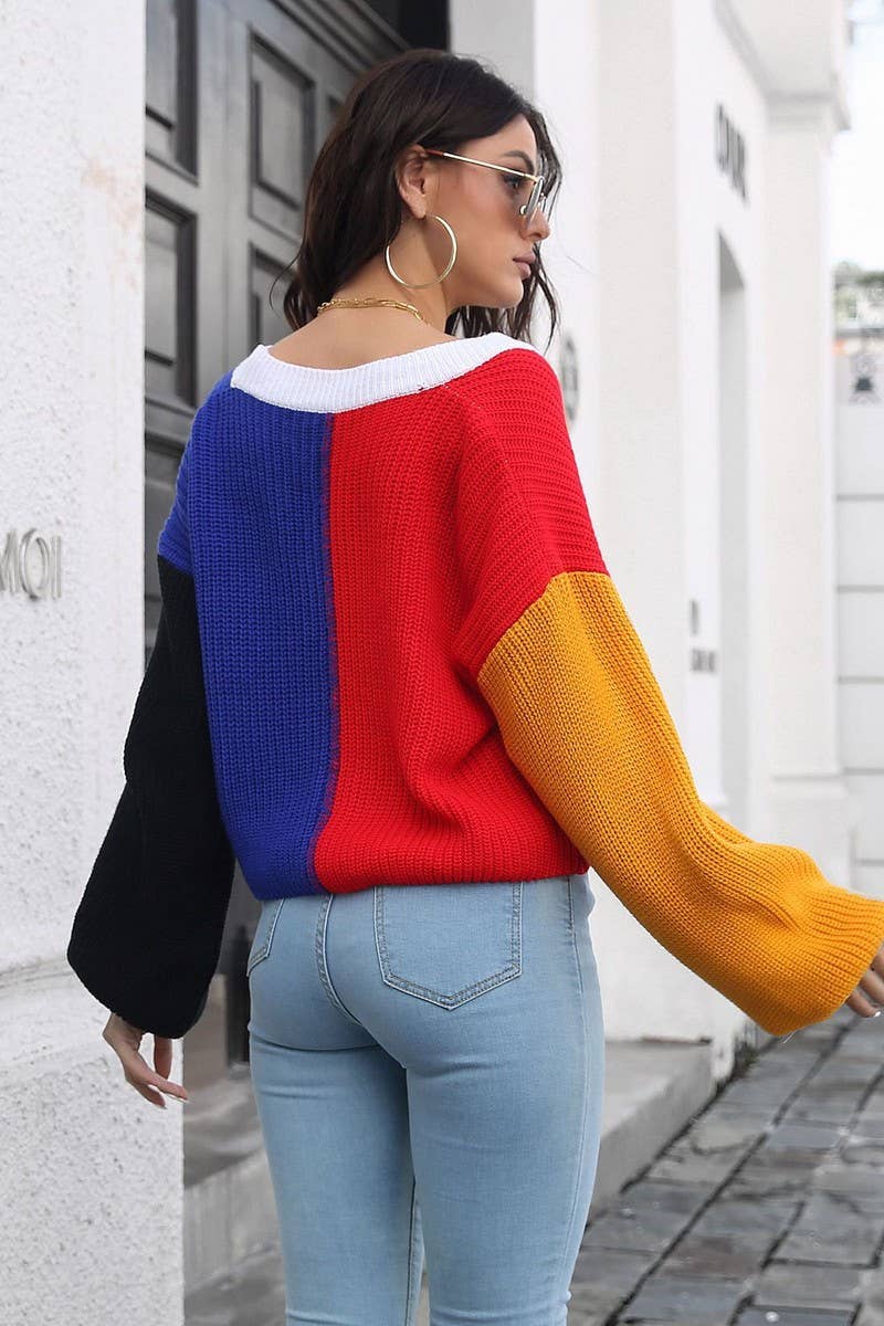 CWOCAL1225_CONTRAST COLOR LONG SLEEVE SHORT KNIT CARDIGAN