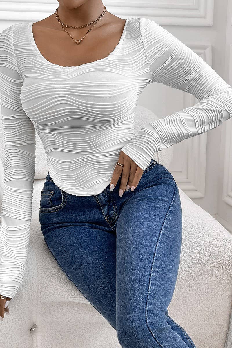 CWTTL1975_CURVED TEXTURED ROUND NECK SLIM FIT SEXY T-SHIRT