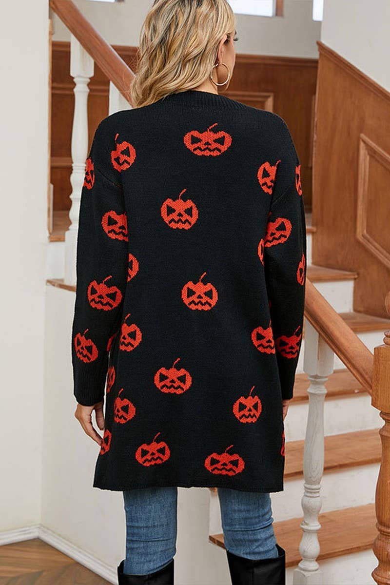 CWOCAL00696_HALLOWEEN PUMPKIN JACQUARD LONG KNIT CARDIGAN