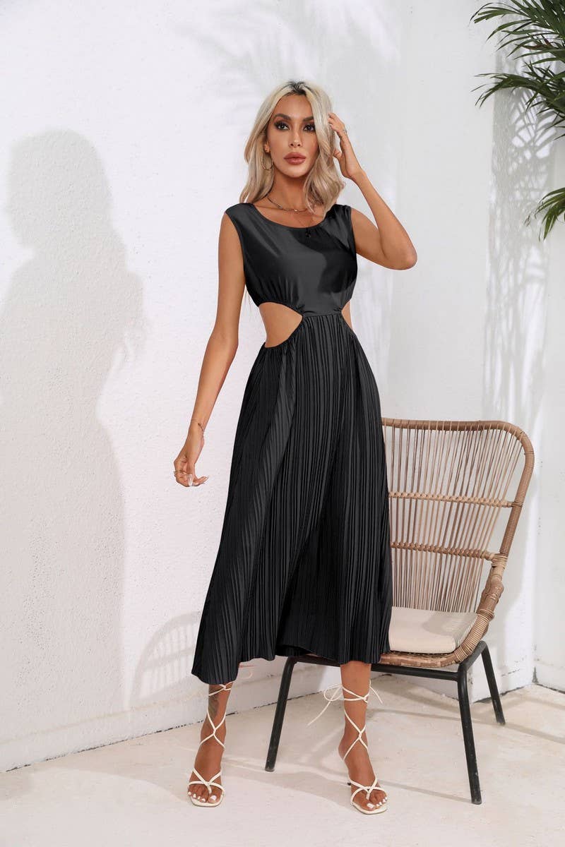 CWDSD2930_Round Neck Sleeveless Winkled Texture Dress