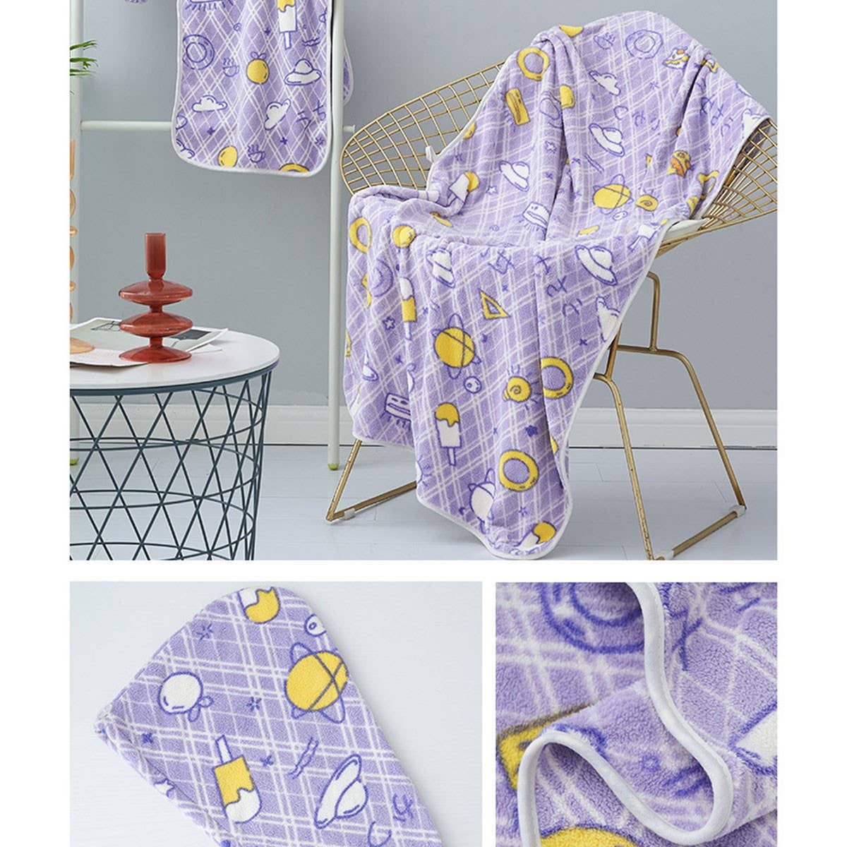 CORAL FLEECE PRINTED SHOWER CAP TOWEL BATH TOWEL