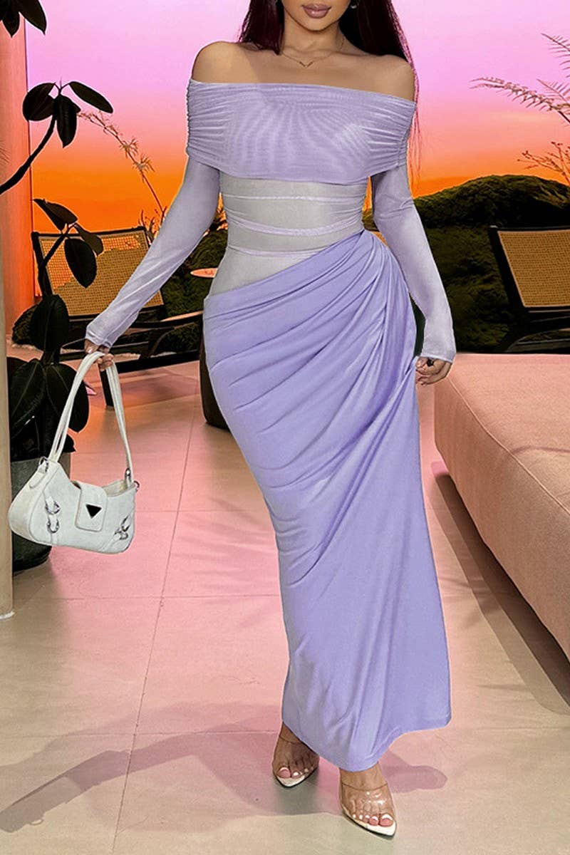 CWDMD4232_SOLID COLOR ONE SHOULDER MESH HOLLOW DRESS