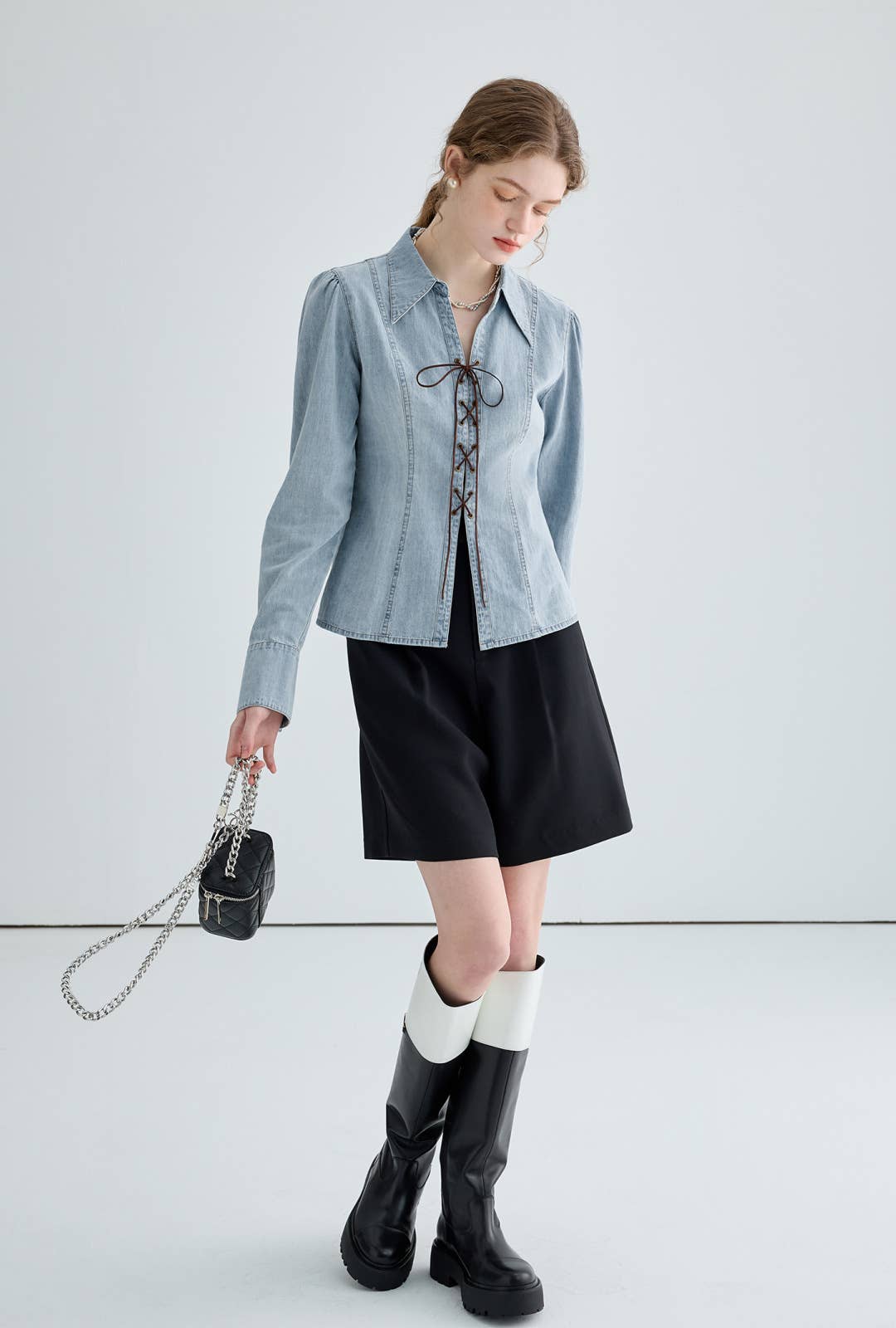 Cross-tied spicy girl style denim shirt