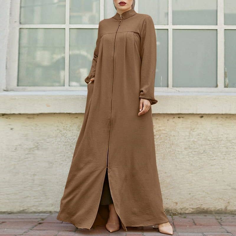 ARABIC STYLE STAND-UP COLLAR ZIPPER RELAXED DRESS