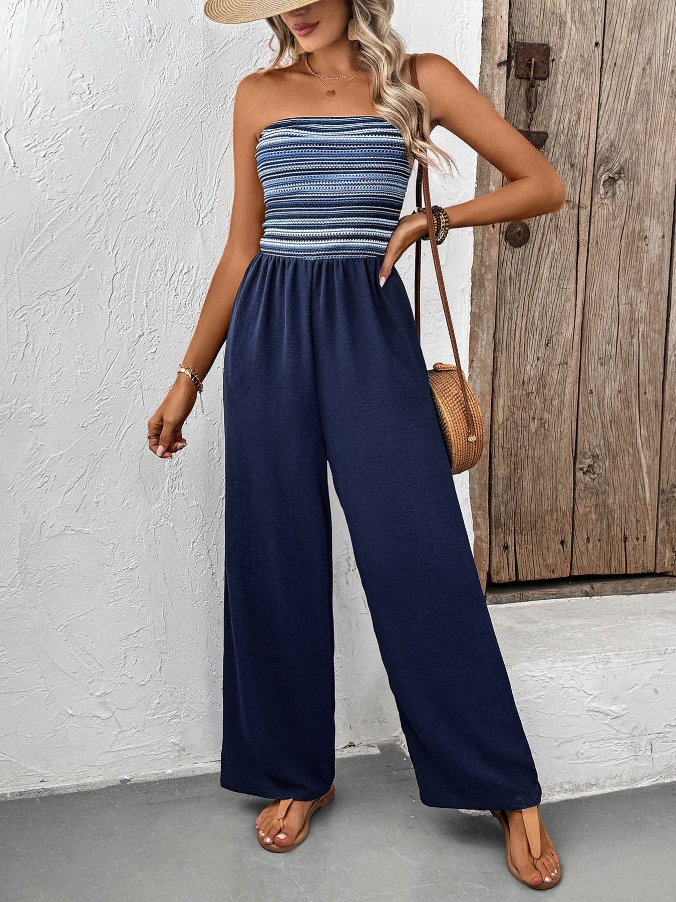 Casual striped patchwork elastic waist jumpsuit